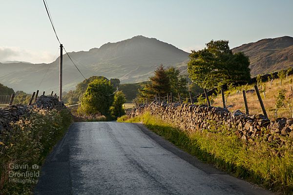 narrow country road in summery eskdale valley with dry stone walls winding way towards harter fell