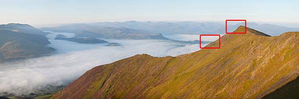 Gategill Fell dawn panorama above misty Glenderaterra valley with boxes