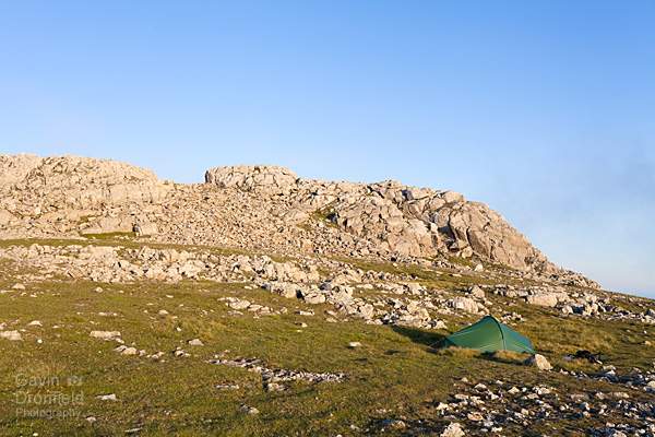 terra nova explorer tent pitched near summit crag of esk pike