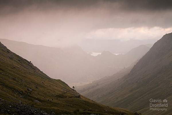rain and dark moody skies over grains valley and borrowdale