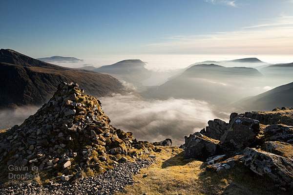 wast water in misty wasdale from westmorland cairn on great gable under azure skies