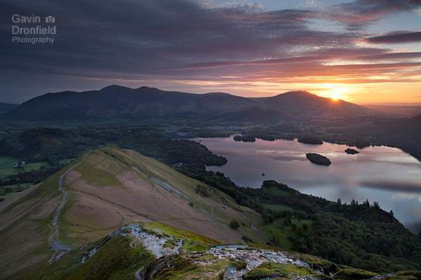Skiddaw Blencathra and Derwentwater from Catbells at sunrise