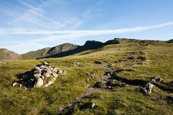 view up to swirl how, great carrs, little carrs from wet side edge cairn on summers evening