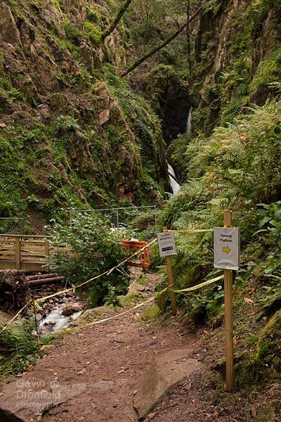 closed footpath leading to lower Stanley Ghyll Force waterfall