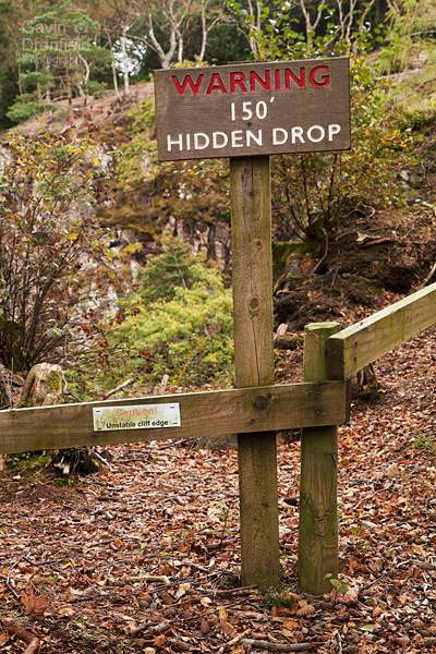 hidden drop sign 150 feet at stanley ghyll gorge cliff edge