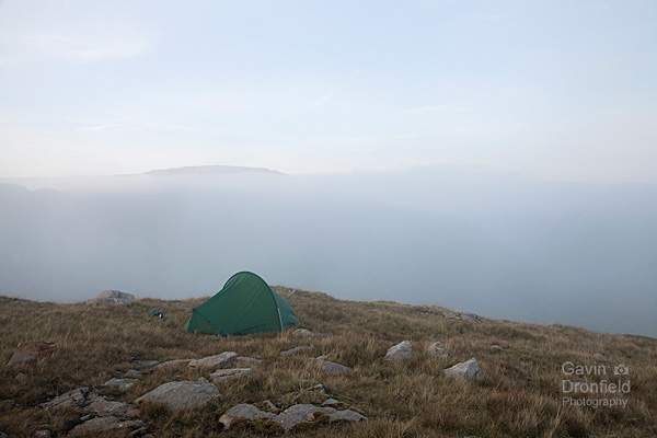 terra nova laser competition 1 tent pitched on tongue head at sunset with glaramara summit visible over the cloud