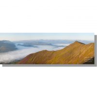 Gategill Fell ridge dawn panorama above cloud inversion in Glenderaterra valley and St. john's in the Vale