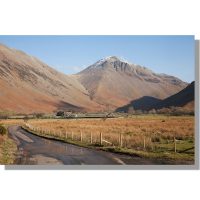 road to wasdale head under snow-capped great gable