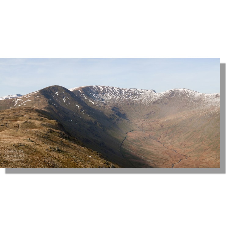 fairfield horseshoe panorama: snowy great rigg, fairfield and hart crag above rydal beck
